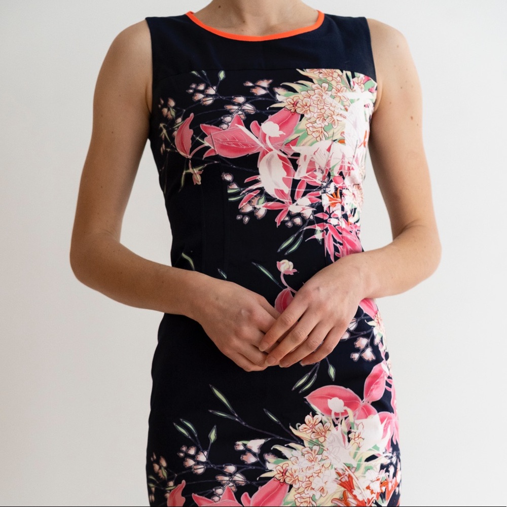 Tahari Navy Floral Sheath Dress with Pink Accents